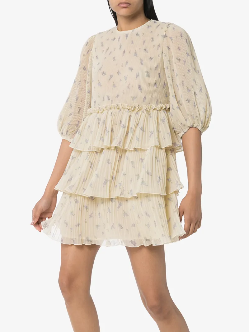 GANNI FLORAL PRINT PLEATED MINI DRESS