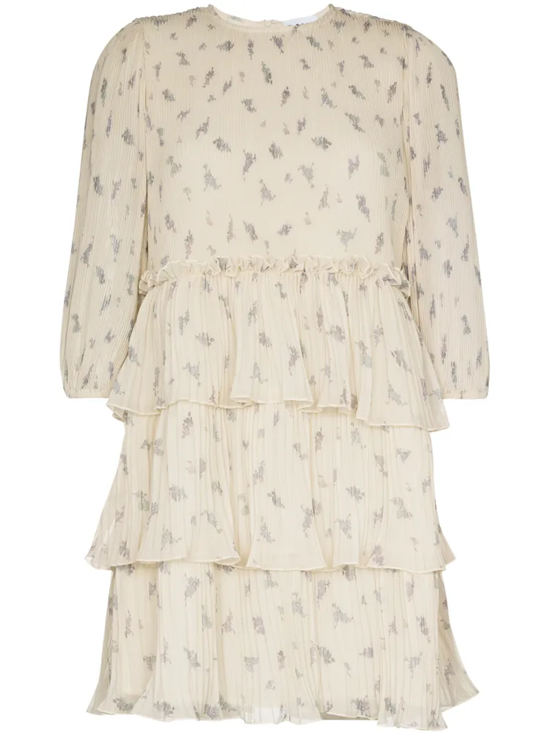 GANNI FLORAL PRINT PLEATED MINI DRESS