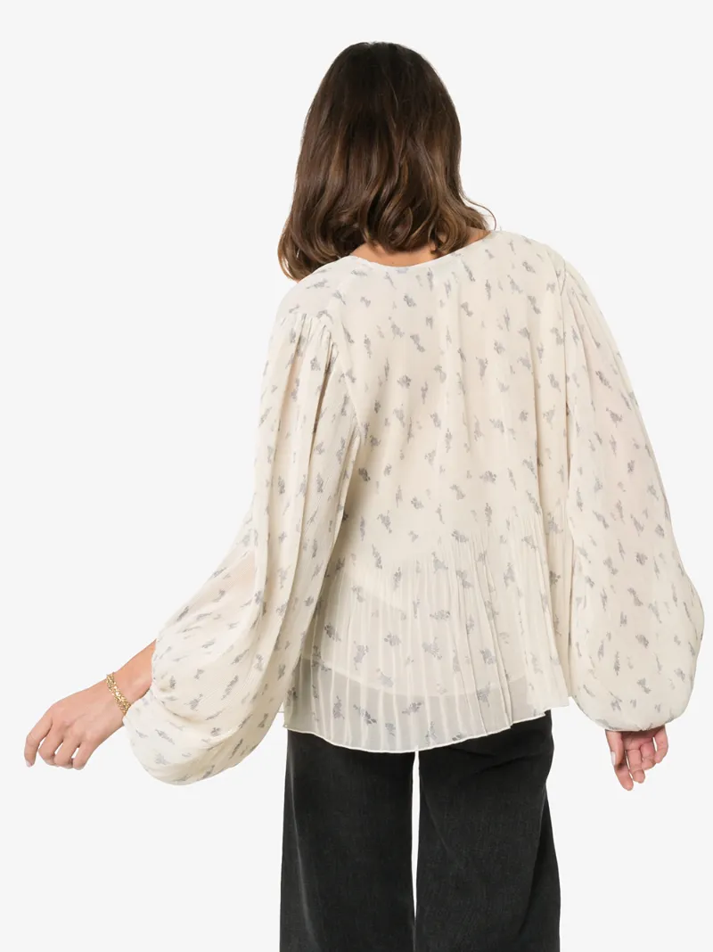 Ganni Floral Print Balloon Sleeve Pleated Georgette Blouse In Yellow | ModeSens