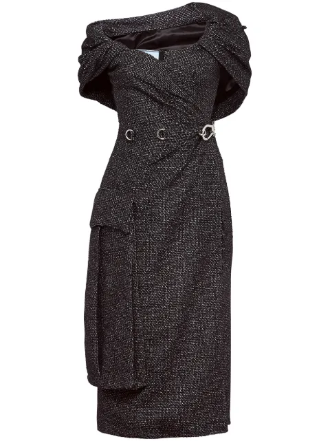 Click to view more detailed imagery on our partner's website Prada Off-the-shoulder Ruched Embellished Wool-blend Tweed Midi Dress In Grey