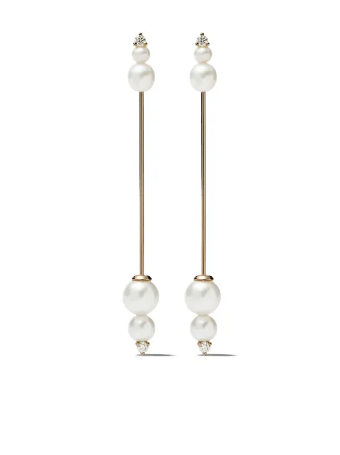 Mizuki aretes largos Sea of Beauty en oro amarillo de 14kt con diamantes y perlas