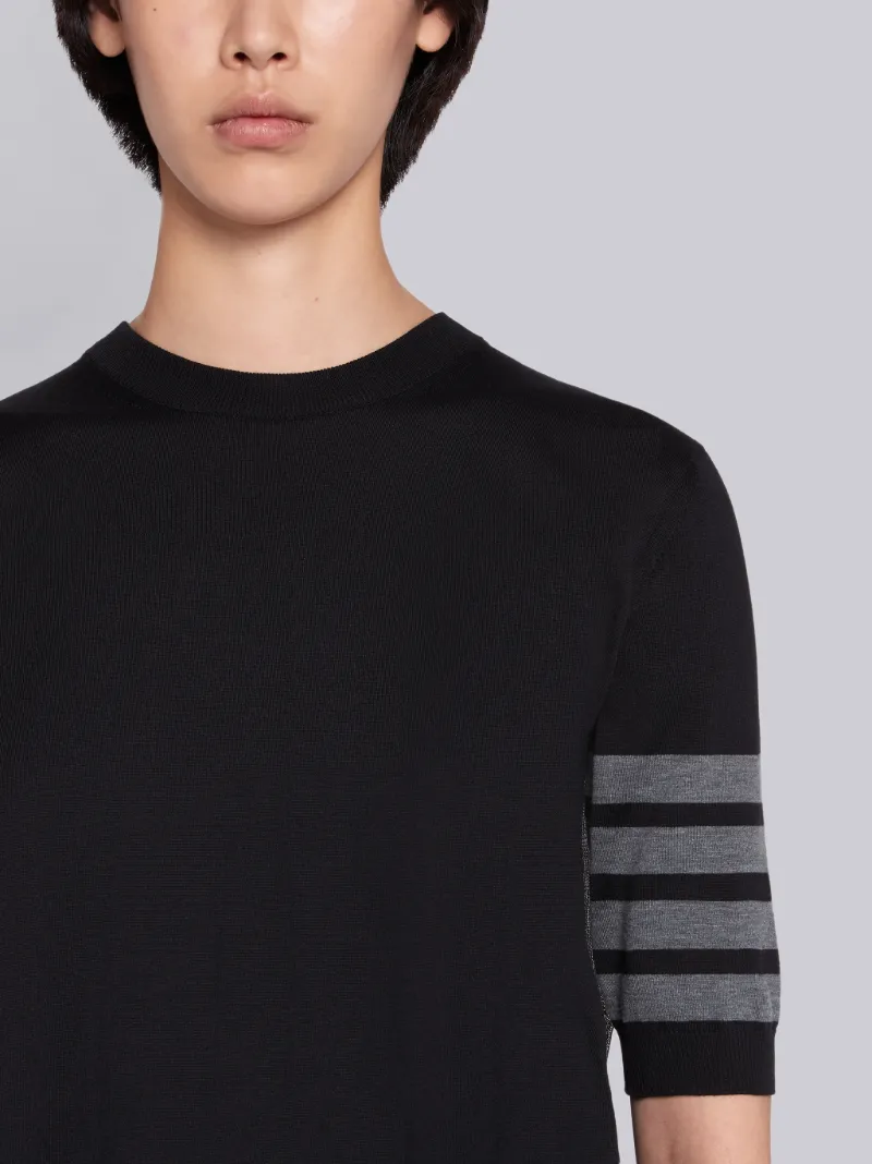 Black Silk Cotton Blend Sheer Pleated Back 4-Bar Stripe Tee | Thom ...