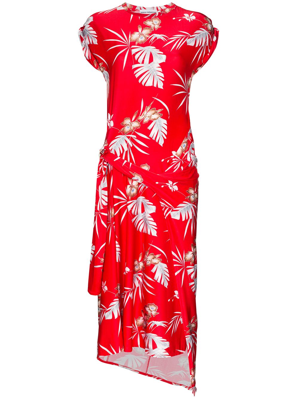 Shop Rabanne Floral-print Asymmetric Midi Dress In Red