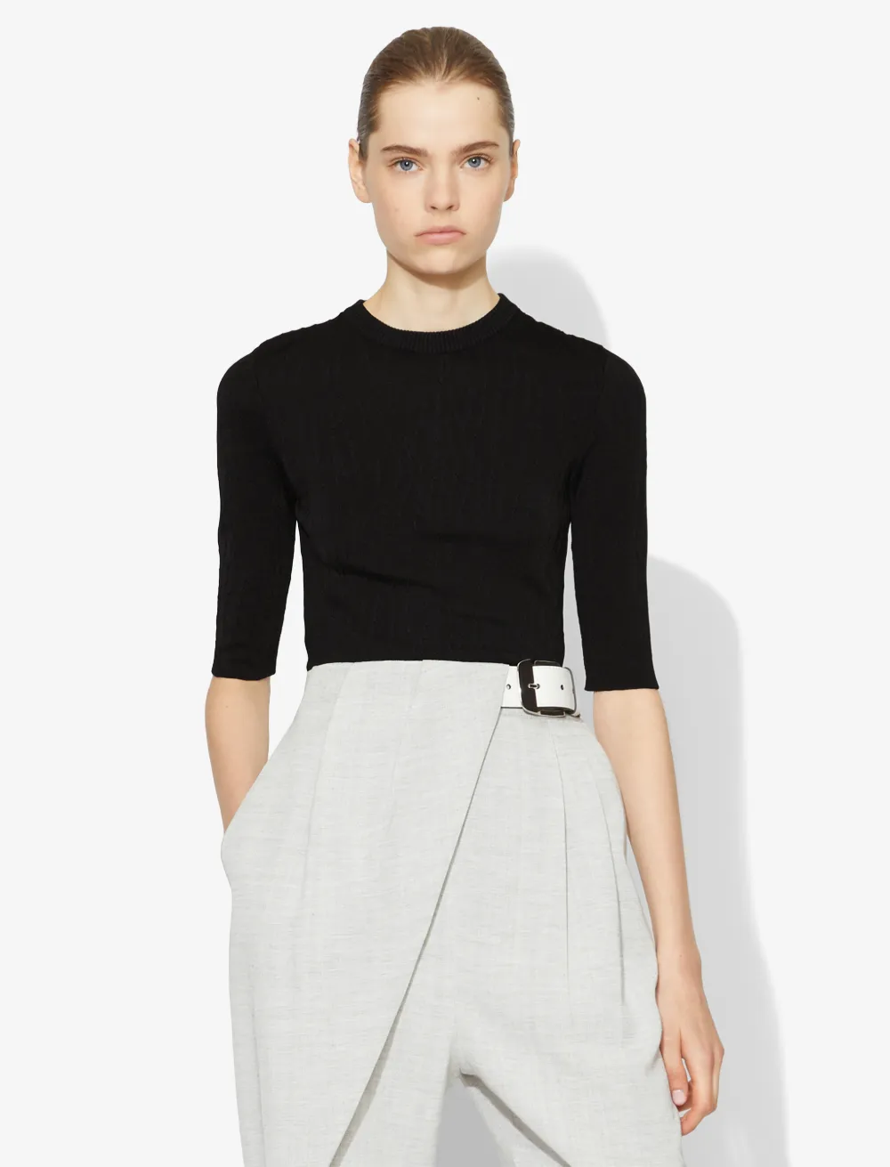 Image of Proenza Schouler Crinkle Texture Crewneck Knit Top black XS