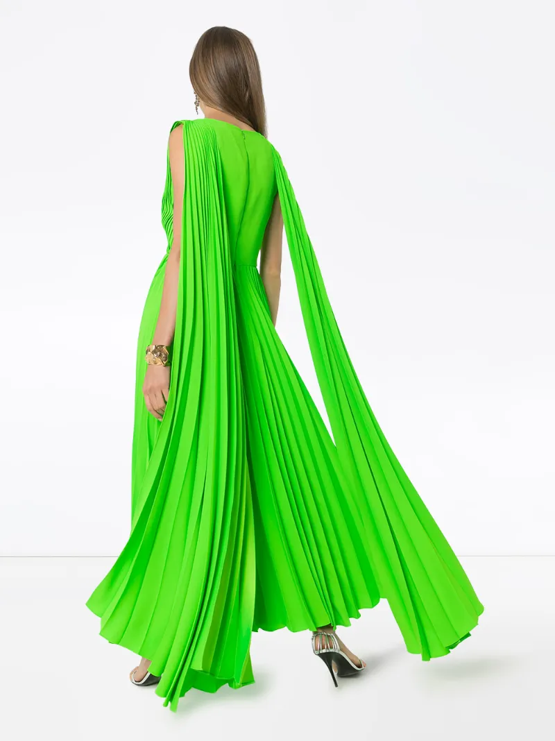 Shop Valentino Pleated Caped Gown In Green