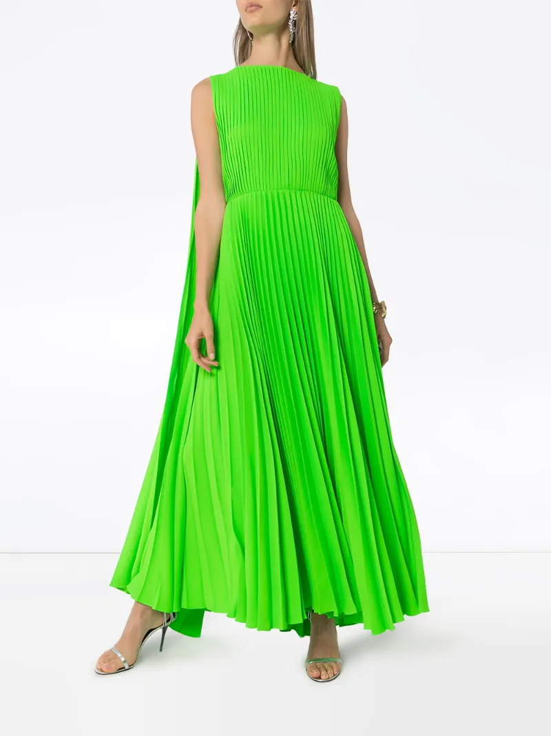 Shop Valentino Pleated Caped Gown In Green