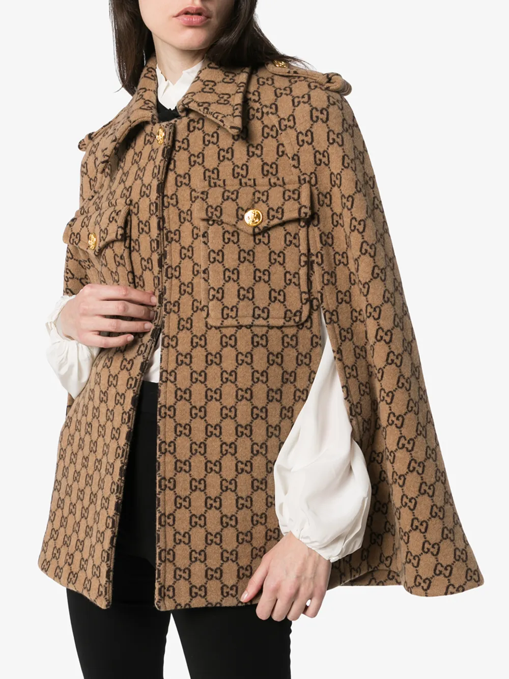 Shop Gucci Gg Motif Wool Cape In Neutrals