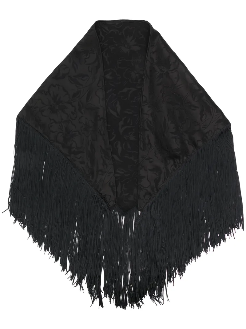 Msgm Floral-jacquard Fringed Satin Scarf In Black