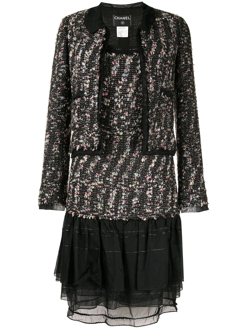 Pre-owned Chanel Ruffled Details Tweed Jacket And Dress Set In Black