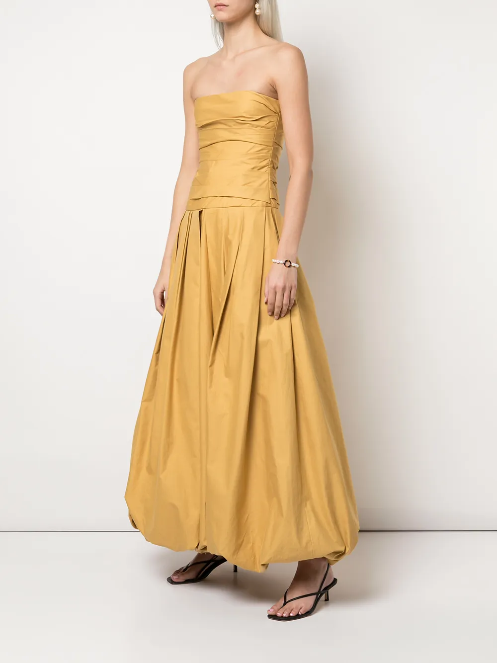 yellow strapless gown