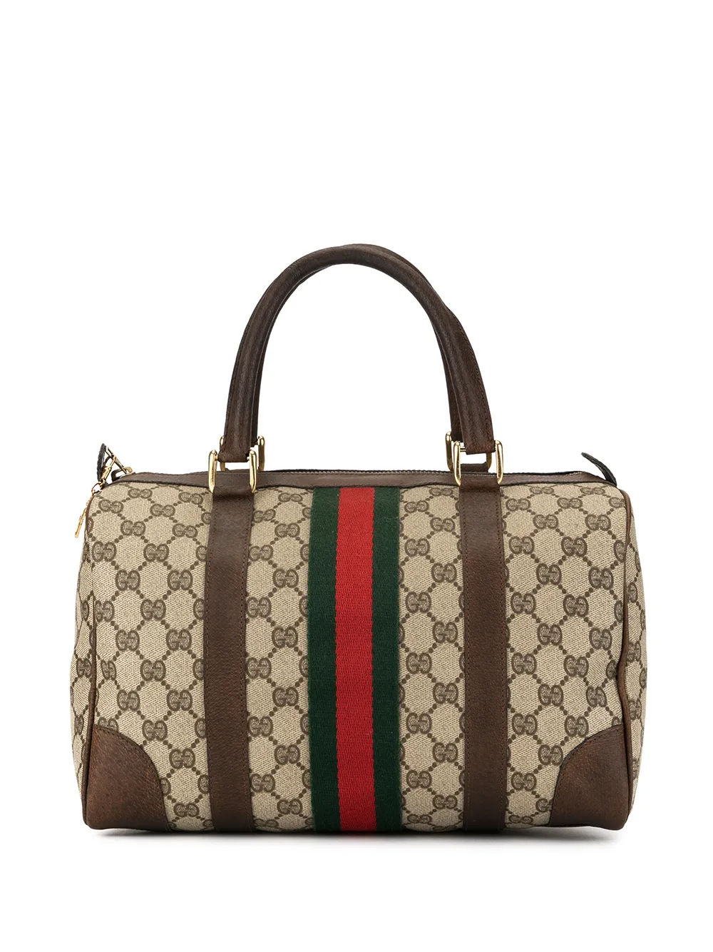 Pre-owned Gucci Shelly Line Gg Supreme Boston Tote In 棕色 