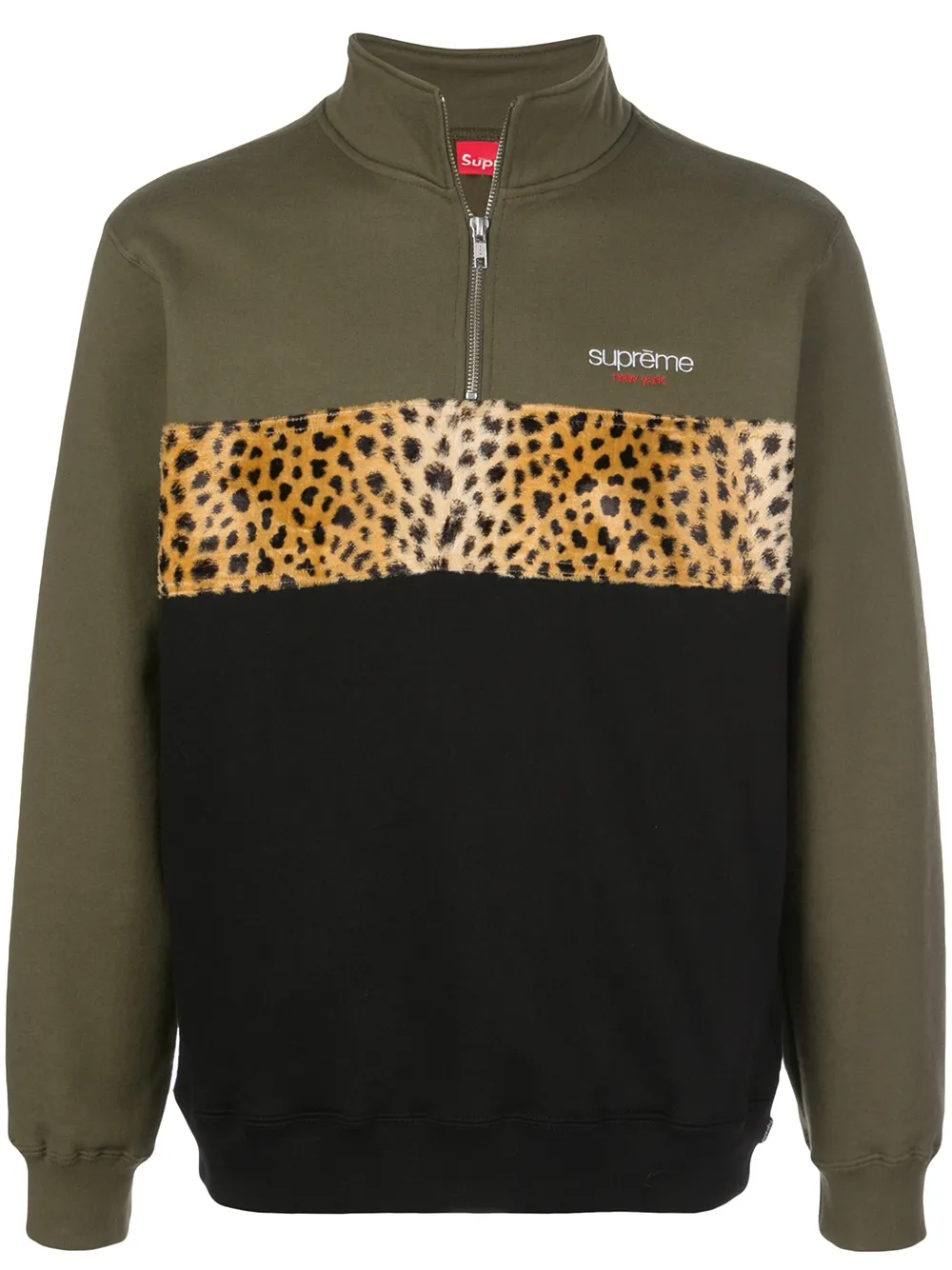 фото Supreme толстовка leopard panel half zip