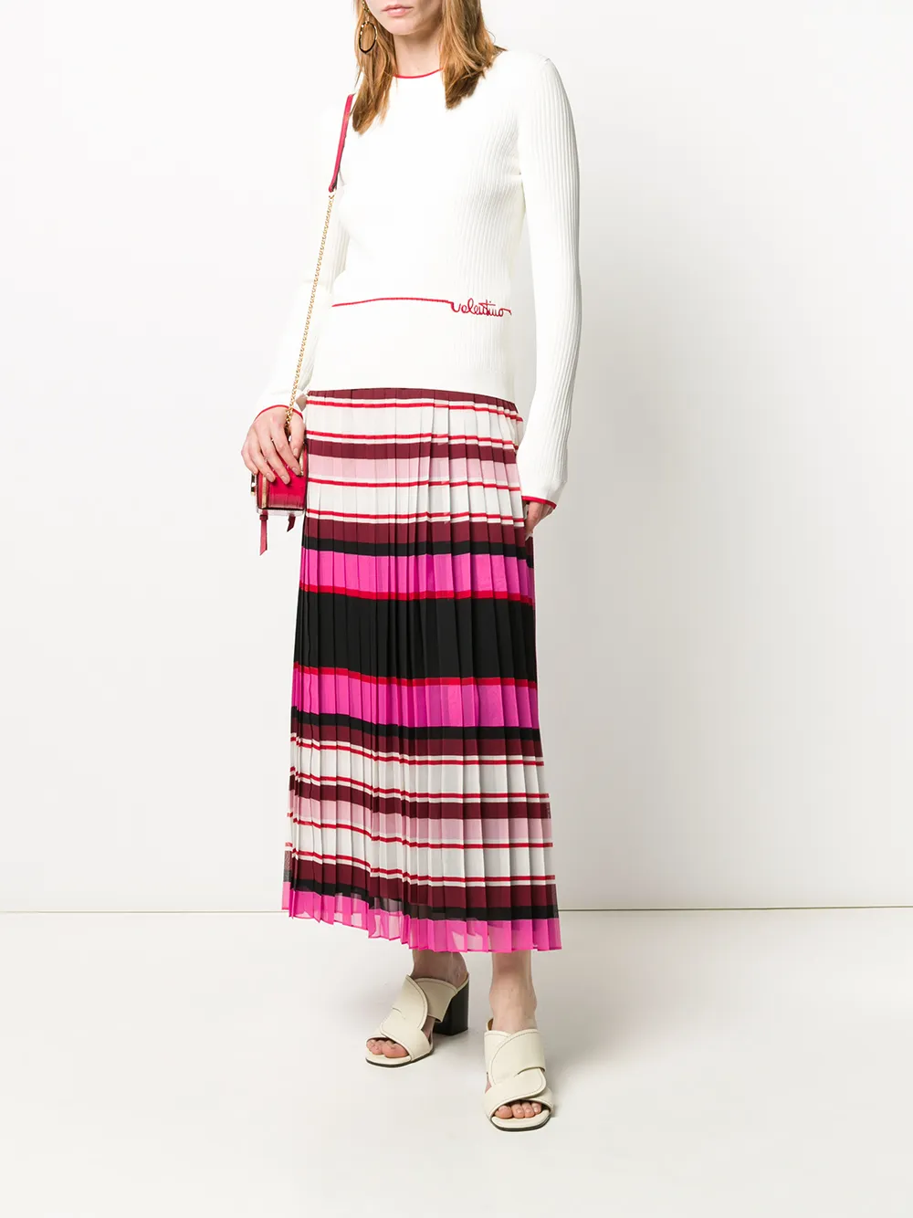 Valentino Pleated Striped Silk-georgette Midi Skirt In Pink