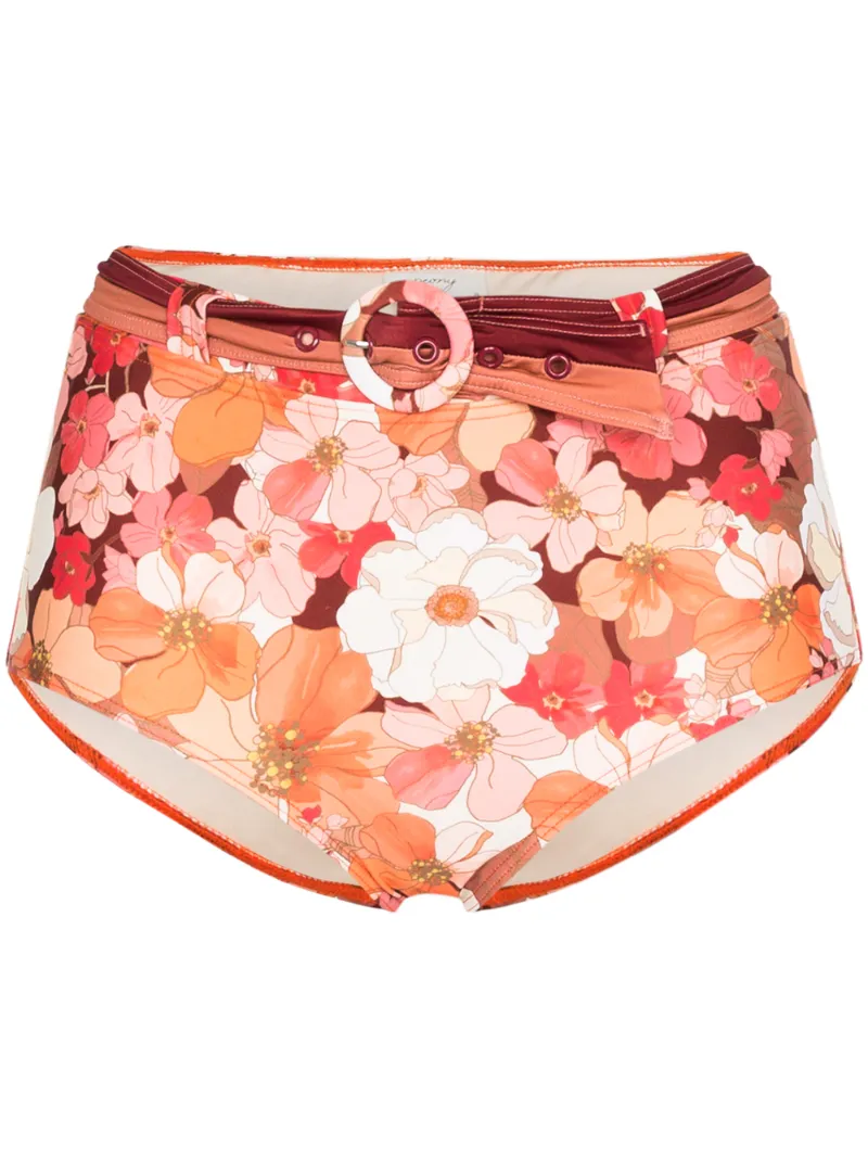 Peony Net Sustain Belted Floral-print Bikini Briefs In Orange