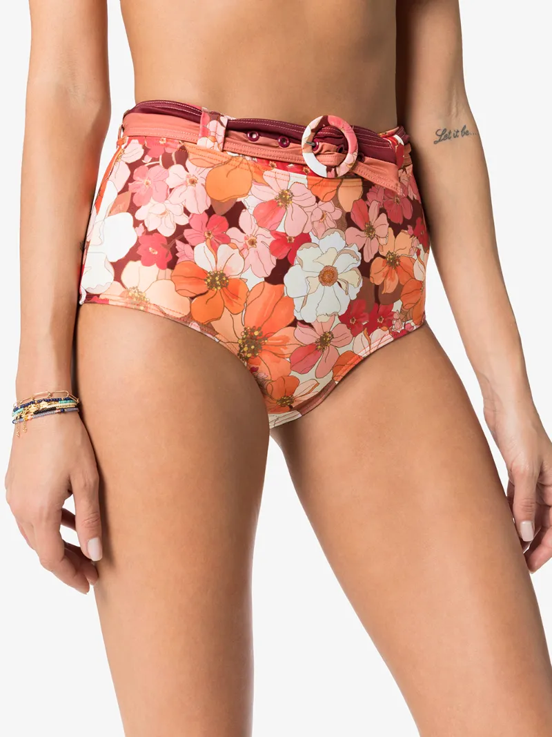 Peony Net Sustain Belted Floral-print Bikini Briefs In Orange