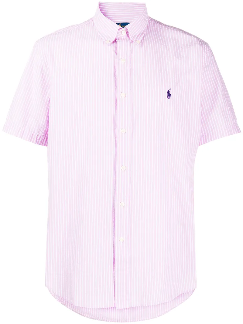 Polo Ralph Lauren Seersucker Player Logo Stripe Short Sleeve Shirt Button Down Custom Regular Fit In Rose/white In Pink