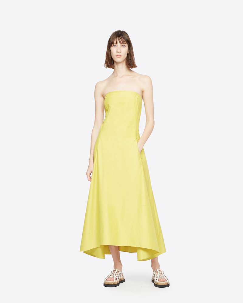 Spaghetti Strap Dress-yellow #0 Spaghetti Strap Dress, Are you a real city girl? You will be when you stroll down the streets in this yellow stretch cotton spaghetti straps midi dress. Only 3.1 Phillip Lim knows. Featuring a flared style, spaghetti straps, a square neck, a back zip fastening, an asymmetric hem and a mid-length.- 0