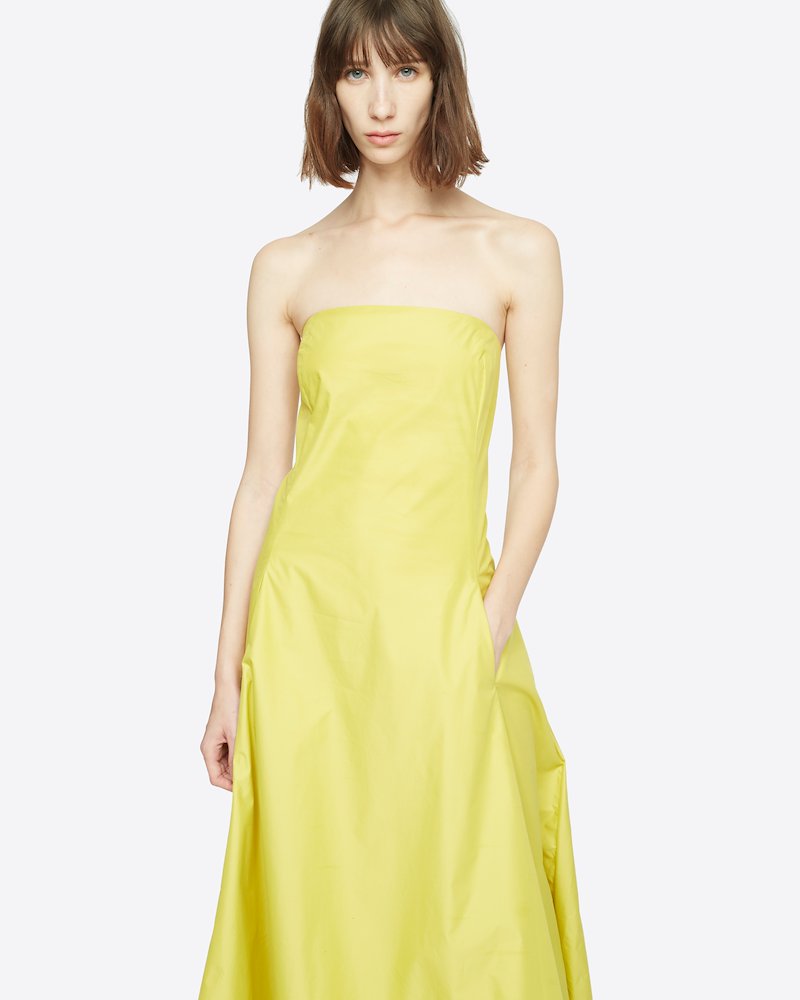 Spaghetti Strap Dress-yellow #0 Spaghetti Strap Dress, Are you a real city girl? You will be when you stroll down the streets in this yellow stretch cotton spaghetti straps midi dress. Only 3.1 Phillip Lim knows. Featuring a flared style, spaghetti straps, a square neck, a back zip fastening, an asymmetric hem and a mid-length.- 4