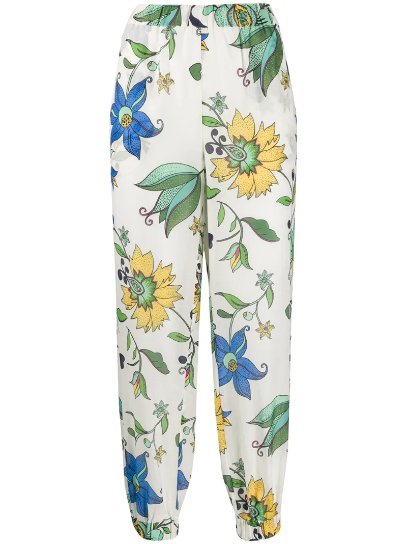 Tory Burch Elasticated Floral Print Trousers In White