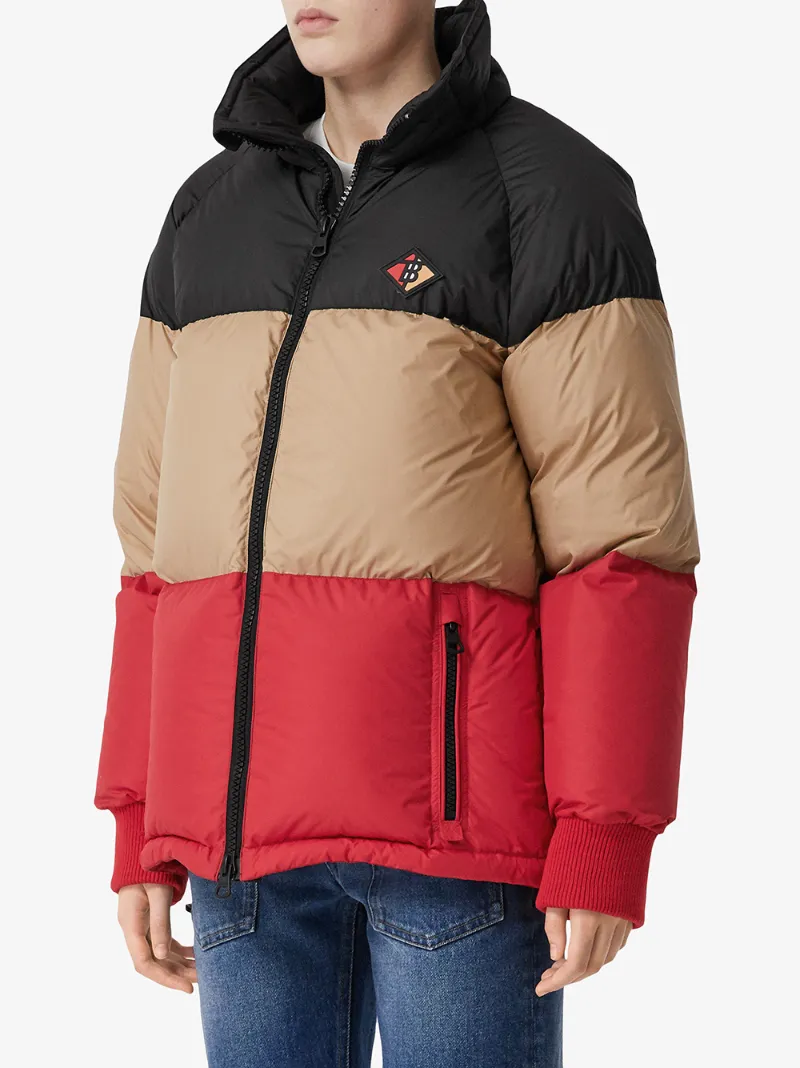 BURBERRY LOGO COLOUR-BLOCK PUFFER JACKET