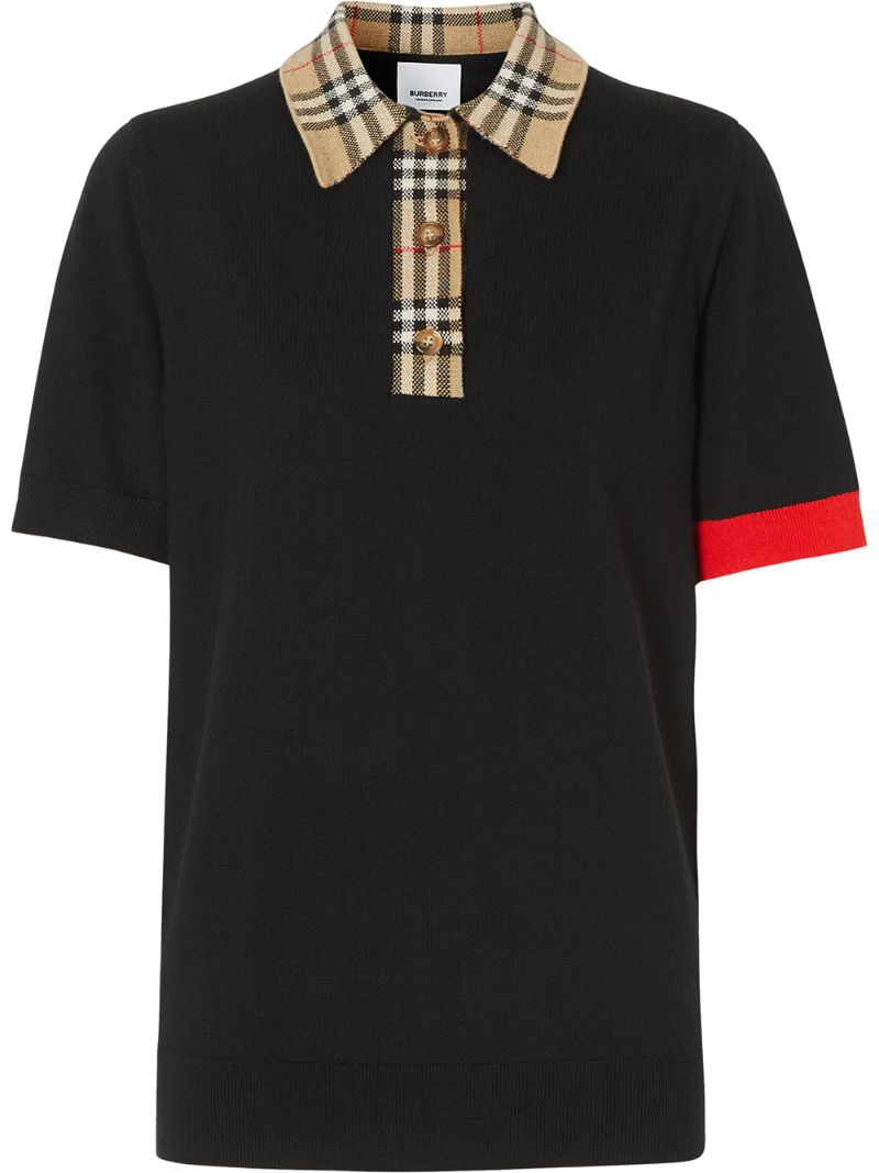 Shop Burberry Vintage Check Trim Polo Shirt In Black