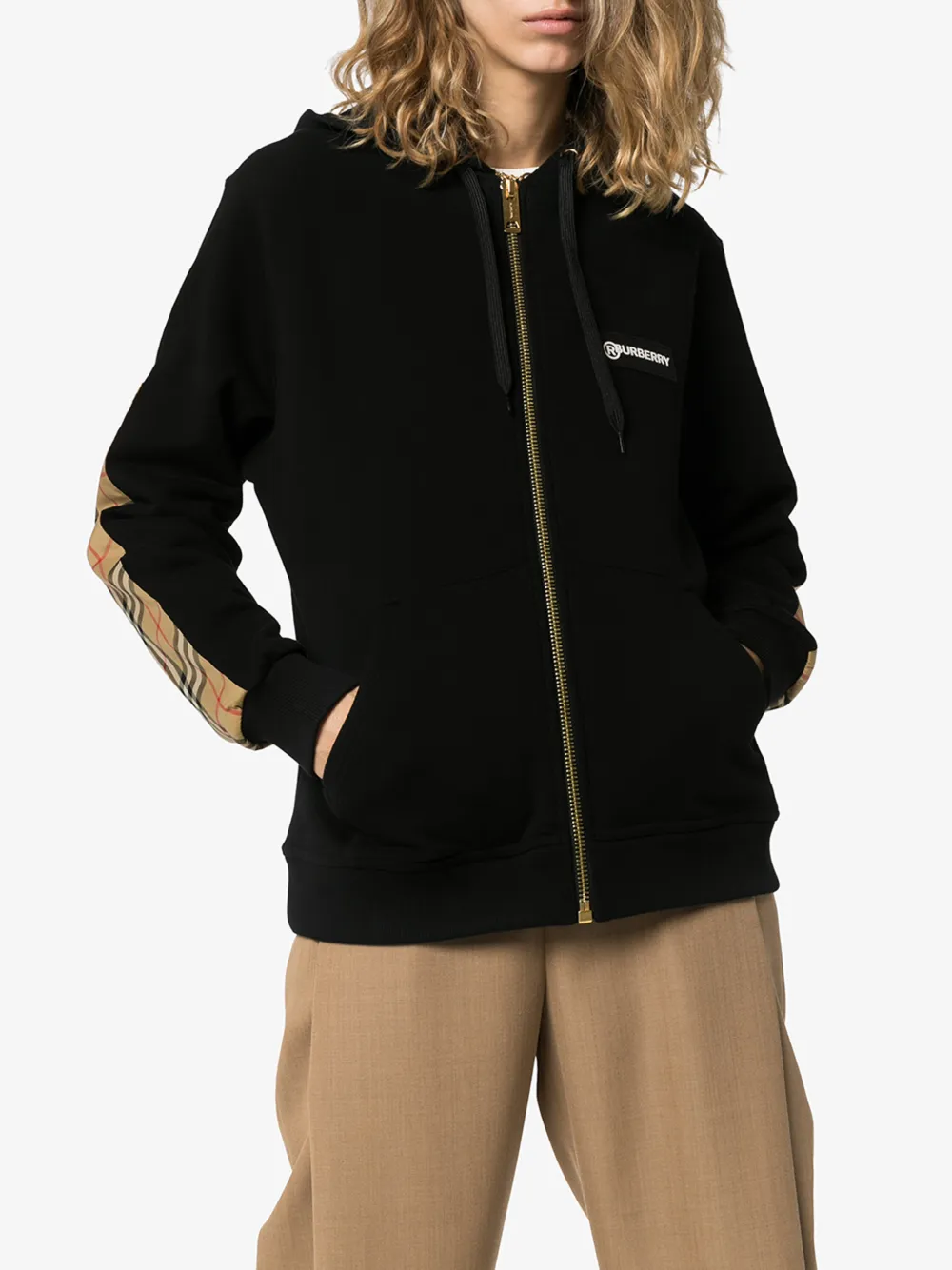 BURBERRY AUBREE VINTAGE CHECK PANEL ZIP-UP HOODIE,802454314697826