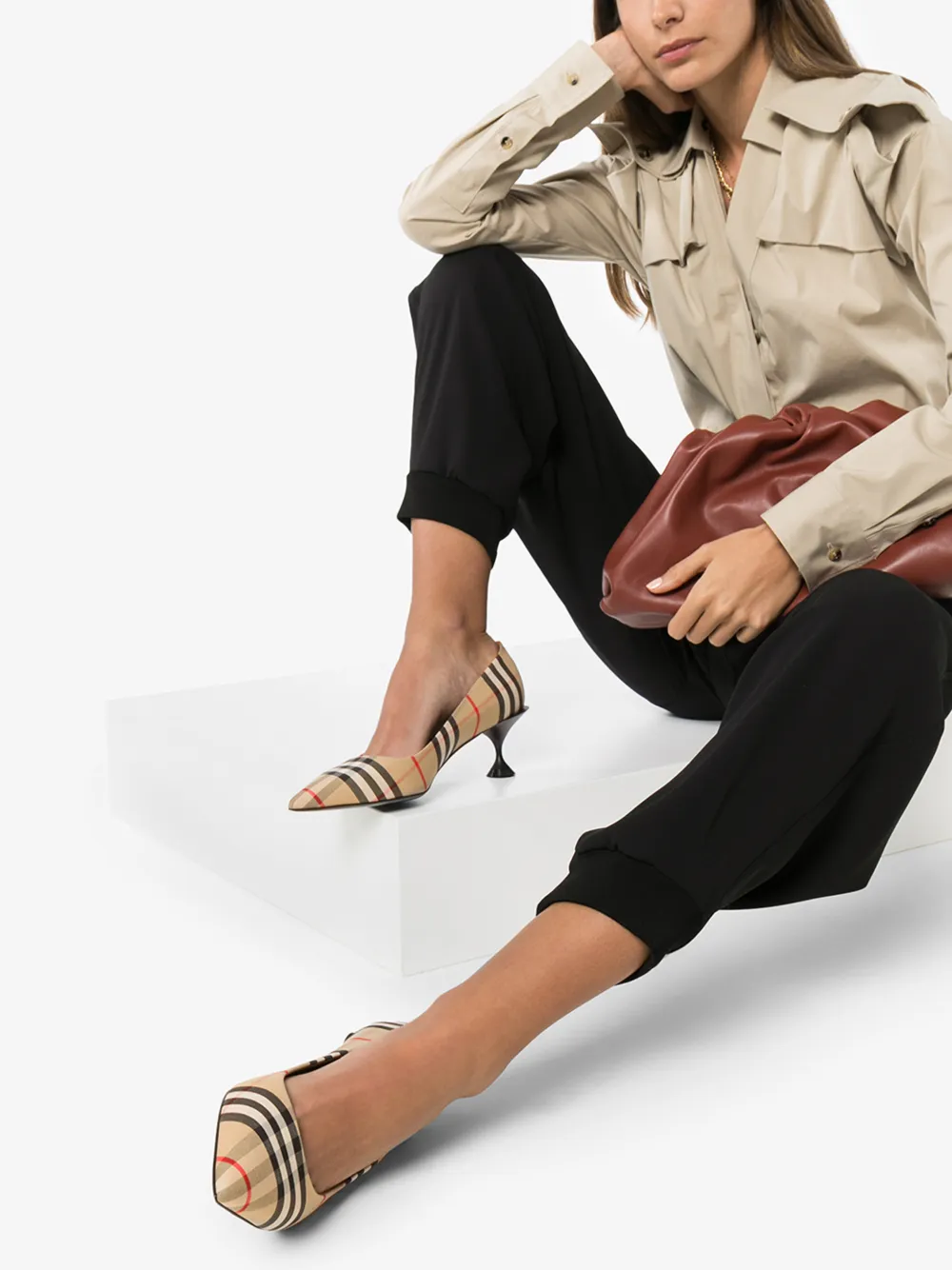BURBERRY BURBERRY BEIGE VINTAGE CHECK 55 CANVAS LEATHER PUMPS,802407514697836