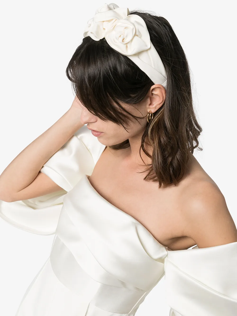 Jennifer Behr Triple Rosette Silk Faille Headband In White