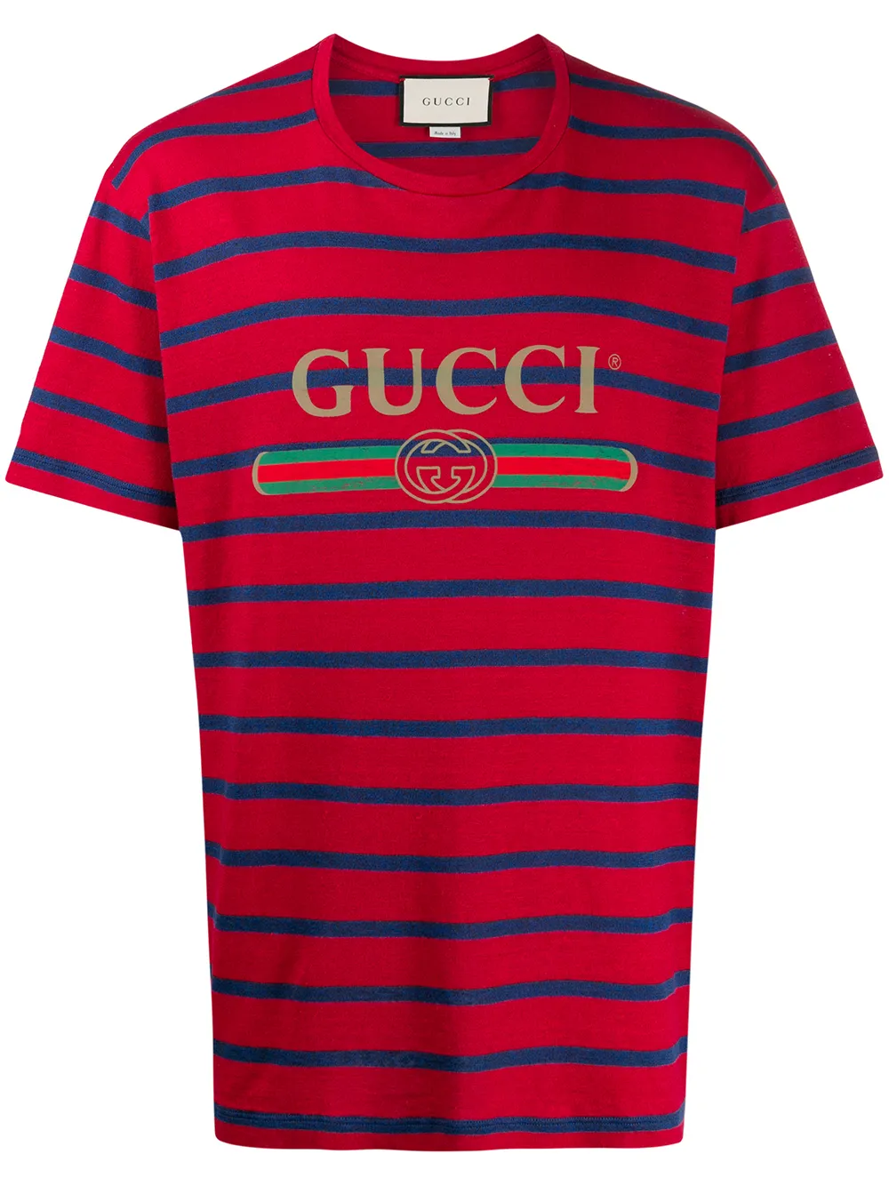 Click to view more detailed imagery on our partner's website Gucci Logo Striped Linen & Cotton T-shirt In 6090 Red Ink