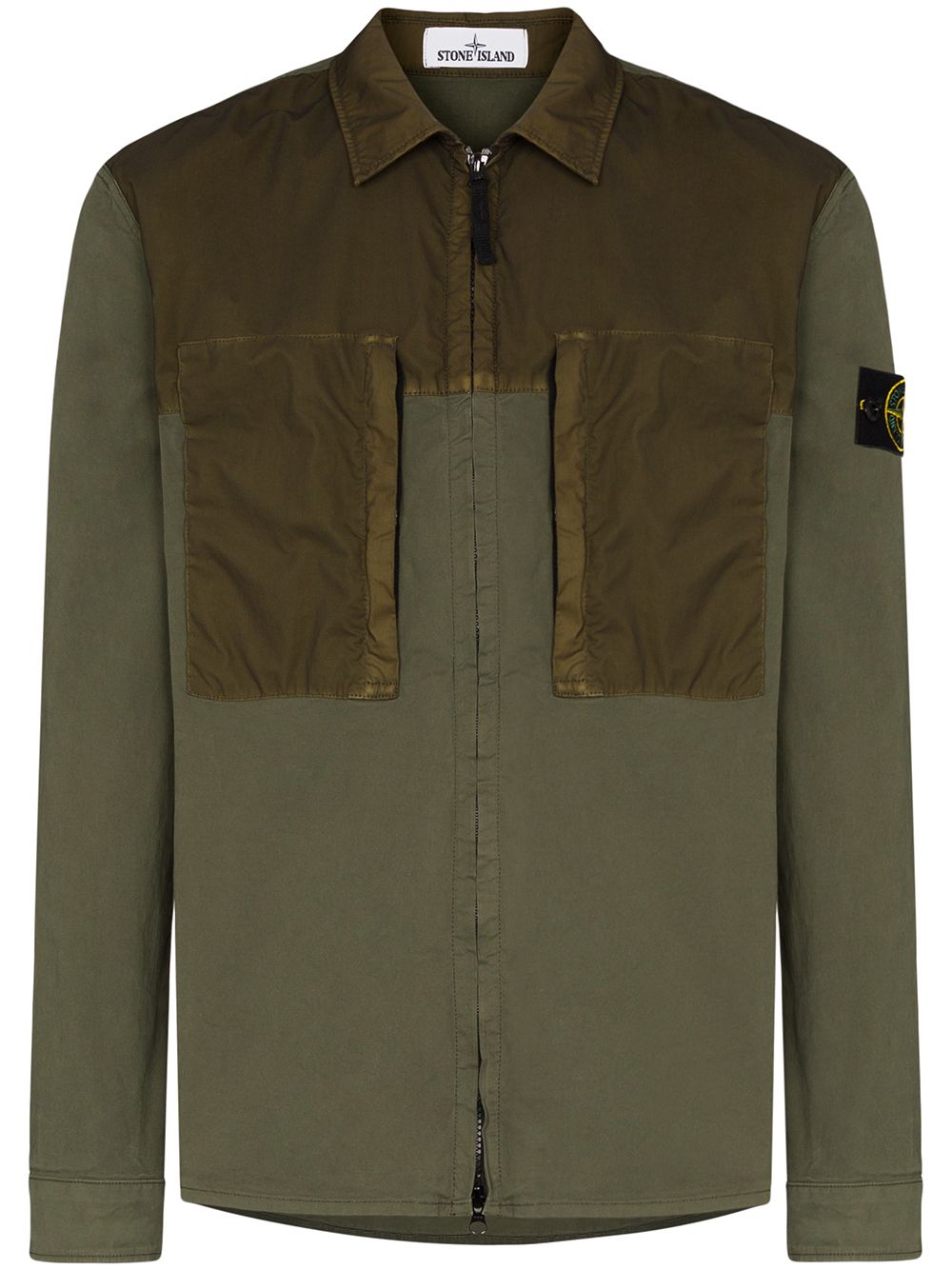 Stone Island Panelled Zipped Shirt In Green