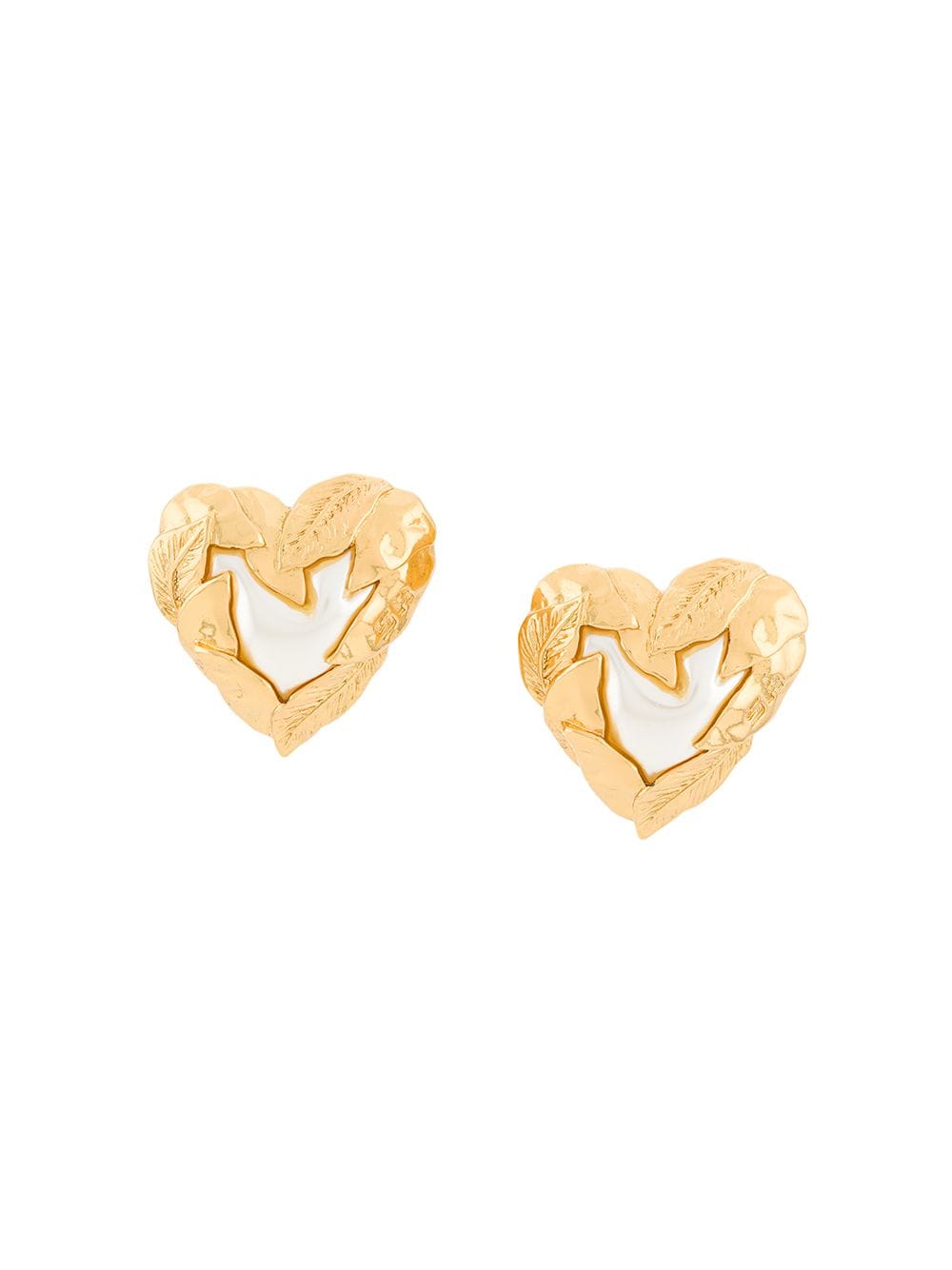 Pre-owned Sonia Rykiel 1980s Leaf-embellished Heart Clip-on Earrings In Gold