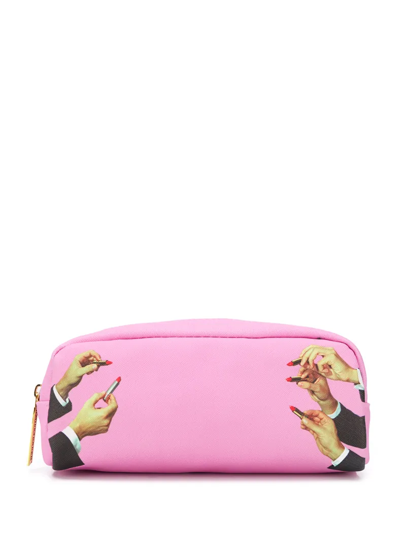 Seletti Lipstick-print Make-up Bag In Pink