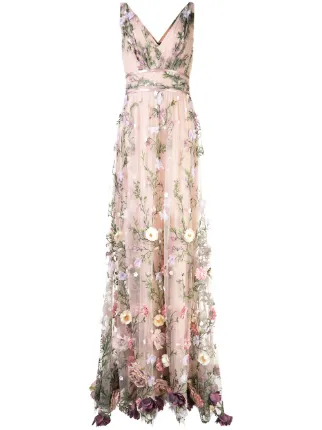 marchesa notte plunge neck embroidered gown