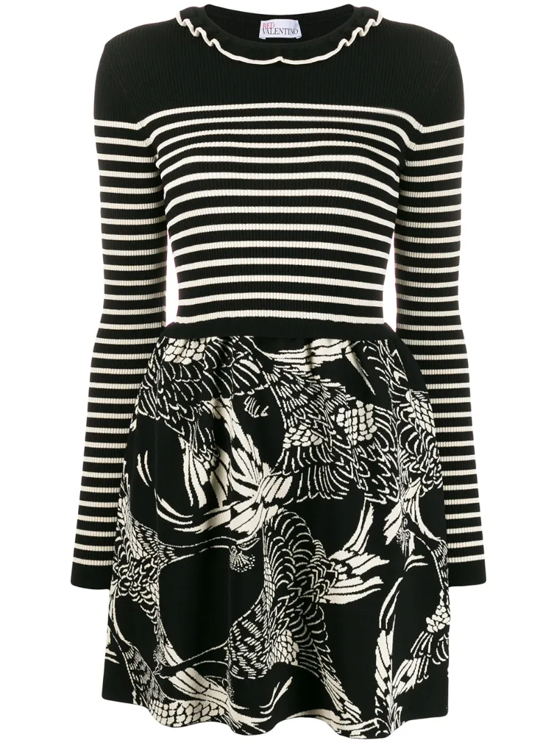 Red Valentino Striped Bird Print Dress In Black