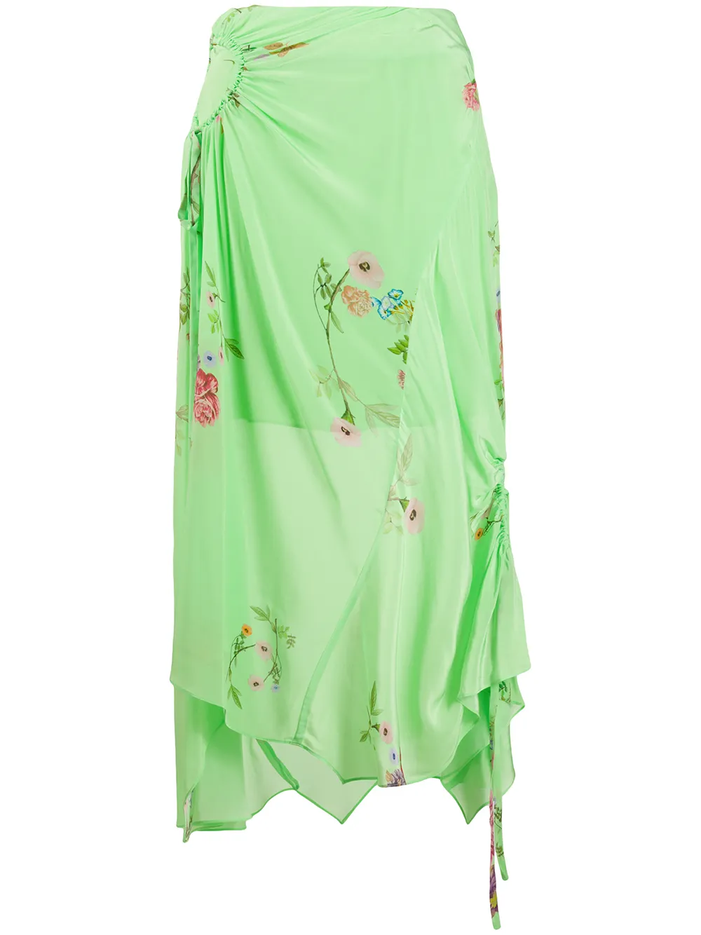 Preen Line Arya Asymmetric Ruched Printed Crepe De Chine Midi Skirt In Green