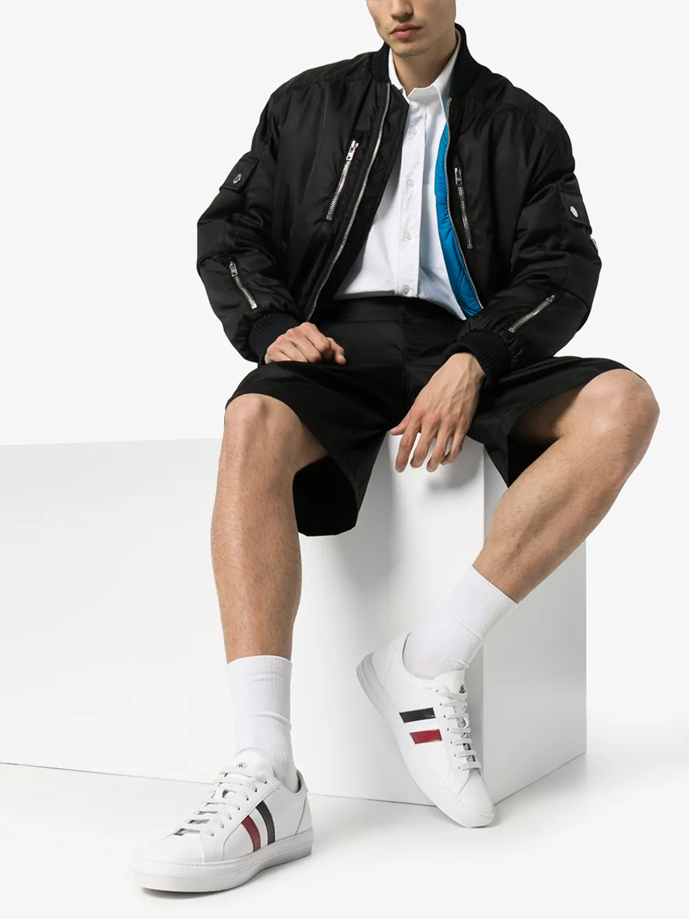 MONCLER WHITE MONACO STRIPE LEATHER SNEAKERS,4M7144001A9A14754626