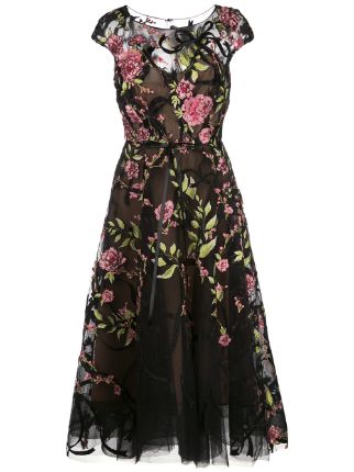 Marchesa Floral Embroidered Midi Dress - Farfetch