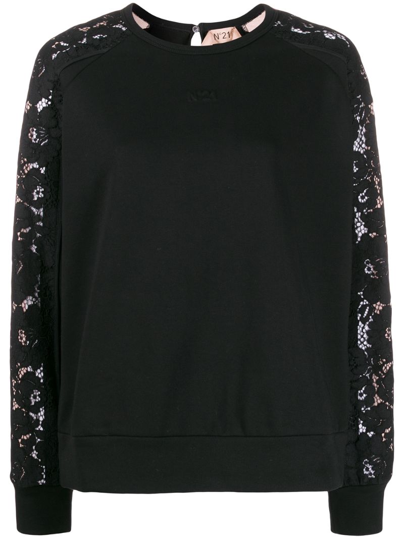 N°21 Floral Lace Sleeves Sweatshirt In Black