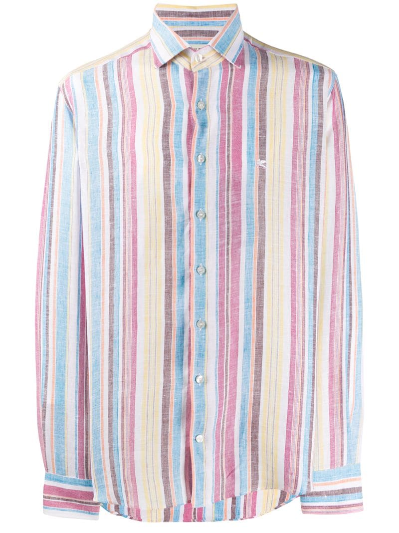 Etro Striped Embroidered Logo Shirt In Blue