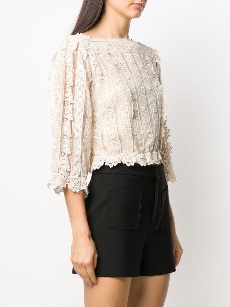 Shop Red Valentino Cropped Lace Top In Neutrals