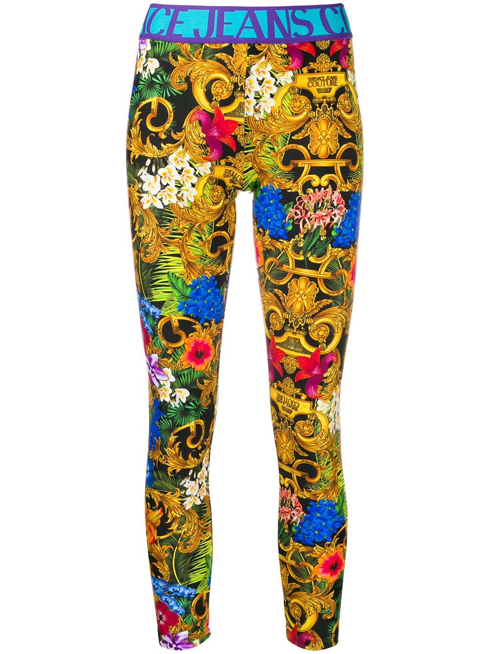 Shop Versace Jeans Couture Jungle Print Branded Leggings In Blue