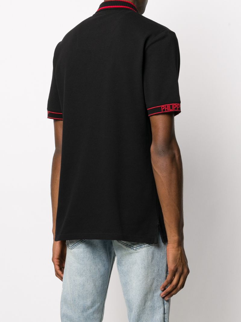 Shop Philipp Plein Logo Cuffed Ribbed Cotton Polo Shirt In Black