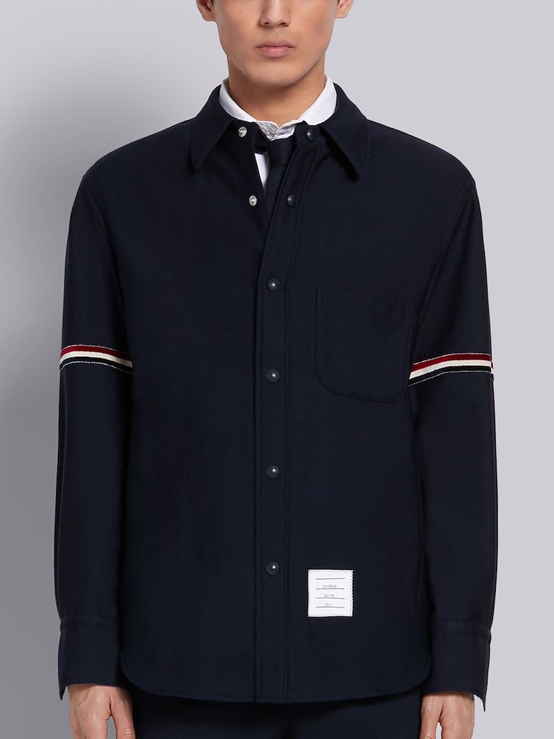 Navy Wool Cotton Suiting Tricolor Velvet Stripe Shirt Jacket Thom