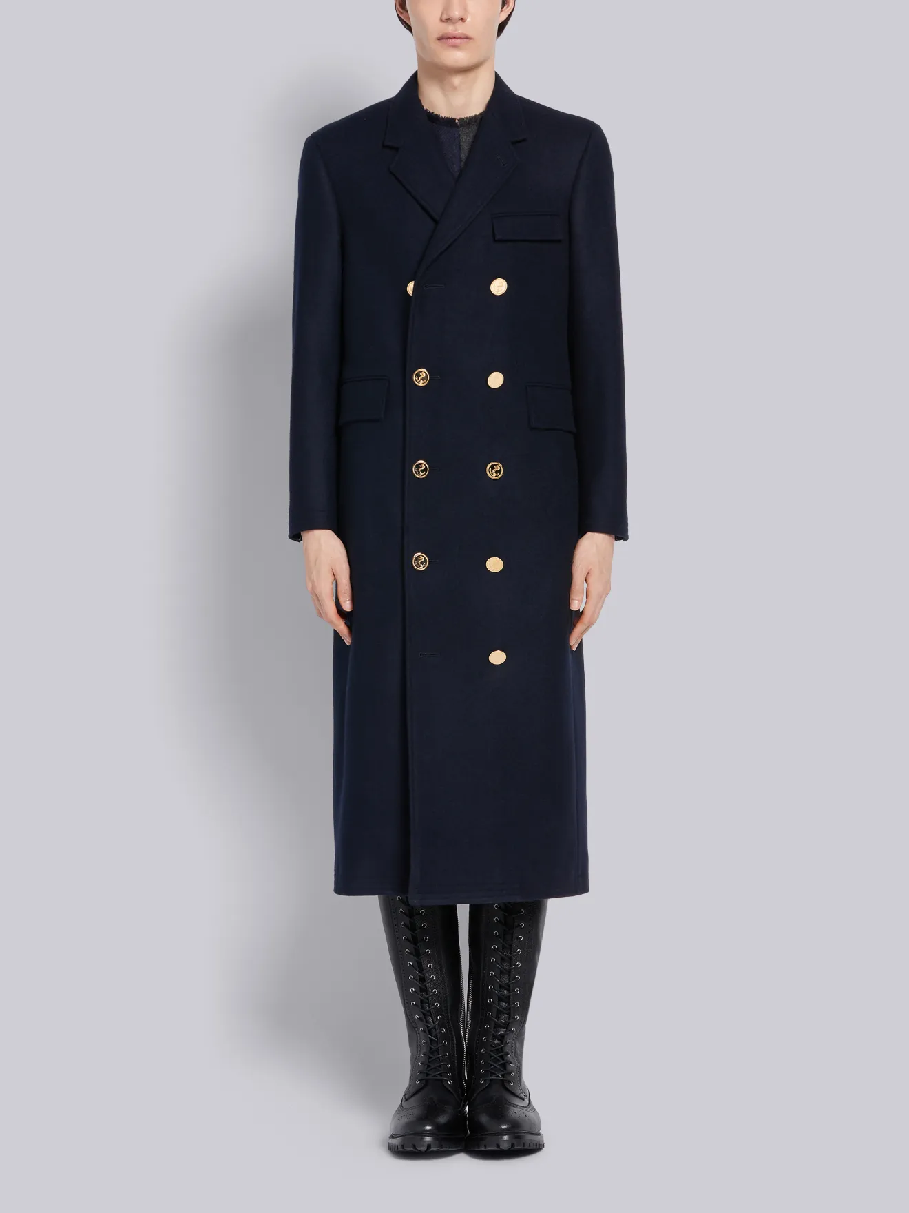 Navy Melton Wool Long Chesterfield Overcoat | Thom Browne Official