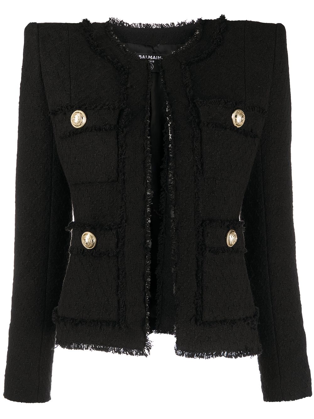 Balmain Frayed Edges Fitted Tweed Jacket In Black