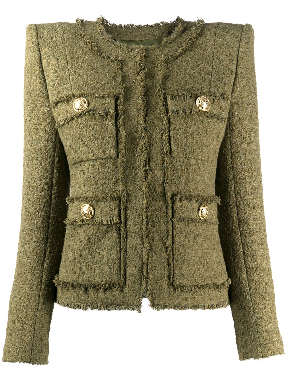 Balmain Frayed Cropped Tweed Jacket In Green