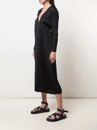 long-sleeve pleated midi dress展示图