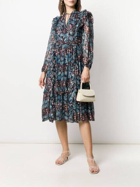 Shop blue Ulla Johnson long sleeve ruffled floral print dress with ...