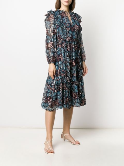 Shop blue Ulla Johnson long sleeve ruffled floral print dress with ...