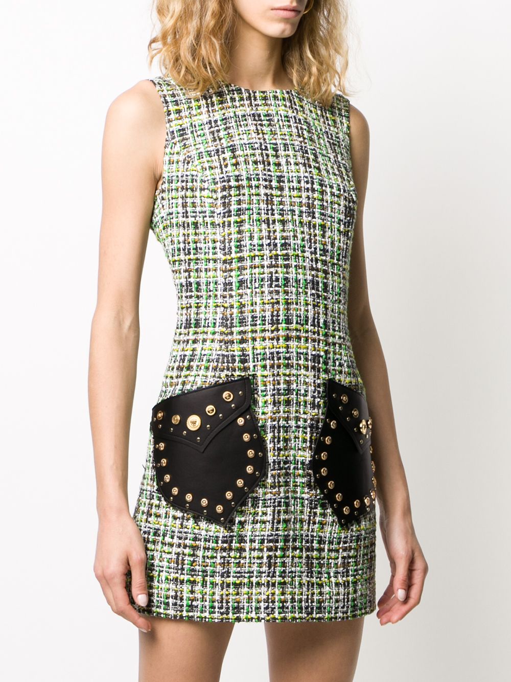 Shop Versace Medusa Tweed Sleeveless Mini Dress In Green